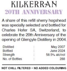 Kilkerran 17 years 20th Anniversary Scotch Single Malt Whisky